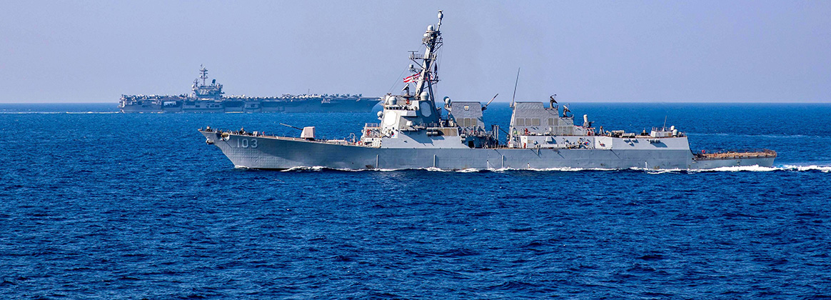 he Arleigh Burke-class guided-missile destroyer USS Truxtun (DDG 103) and the Nimitz-class aircraft carrier USS George H.W. Bush (CVN 77) transit the Mediterranean Sea, Jan. 24, 2023